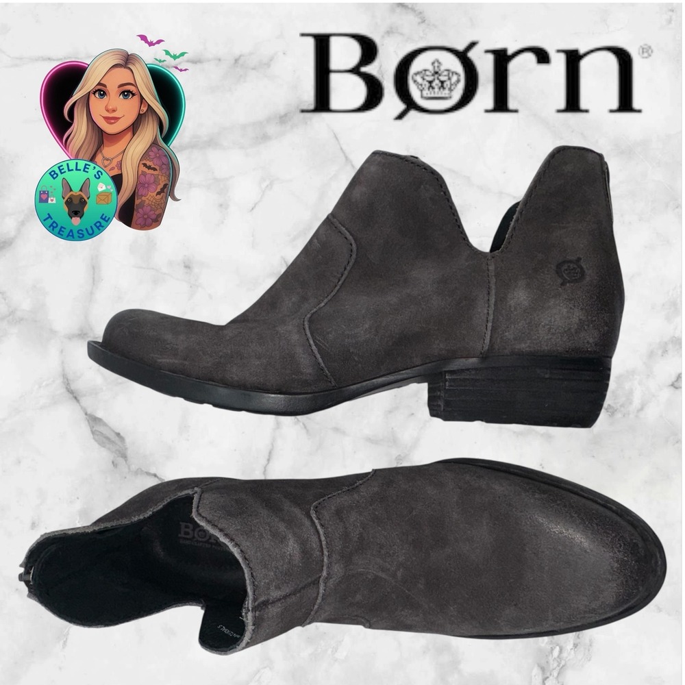 Born Women's 9 Kerri Boots‎ Distressed Black Ankle Bootie Western Side Zip Suede